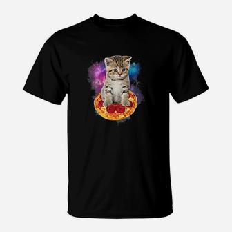 Funny Galaxy Cat Space Cat Eat Pizza And Taco T-Shirt - Seseable