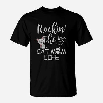 Funny Mom Cat Shirts Rockin The Cat Mom Life T-Shirt - Seseable