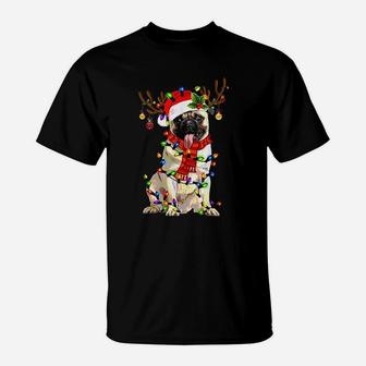 Funny Pug Dog Christmas Reindeer Christmas Lights T-Shirt - Seseable
