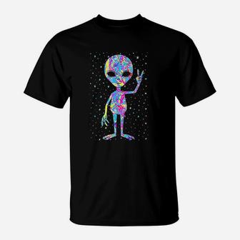 Funny Retro 1970s Tie Dye Groovy Alien Peace Gift T-Shirt - Seseable