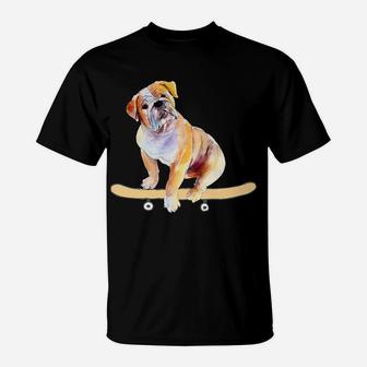 Funny Skateboarding Bulldog Puppy Gift T-Shirt - Seseable