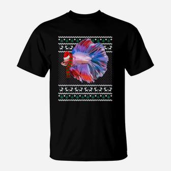 Funny Xmas Santa Hat Betta Fish Ugly Christmas T-Shirt - Seseable