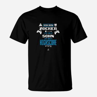 Gamer T-Shirt Ich bin Zocker, Sohn mit Highscore, Schwarzes Gaming-Shirt - Seseable