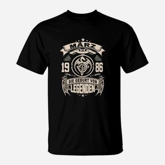 Geburt von Legenden März 1986 T-Shirt, Schwarzes Geburtstags-Shirt - Seseable