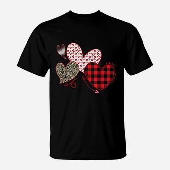 Girls Valentines Day Hearts Love Leopard Plaid T-Shirt - Seseable