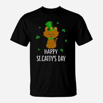 Happy St Cattys St Patricks Day Lucky Cat Love Gif T-Shirt - Seseable