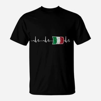 Herzfrequenz T-Shirt mit Italienischer Flagge, Schwarzes Design - Seseable