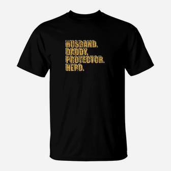 Husband Daddy Protector Hero Dad Father Distressed Shirt T-Shirt - Seseable