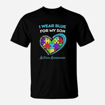 I Wear Blue For My Son Awareness Mom Dad Heart Puzzle T-Shirt - Seseable