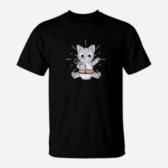 Japanese Kawaii Cat Cat Eating Ramen Sushi Anime T-Shirt - Seseable