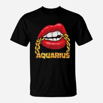 Juicy Lips Gold Chain Aquarius Zodiac Sign T-Shirt - Seseable