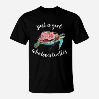 Just A Girl Who Loves Turtles Floral Sea Turtle T-Shirt - Seseable