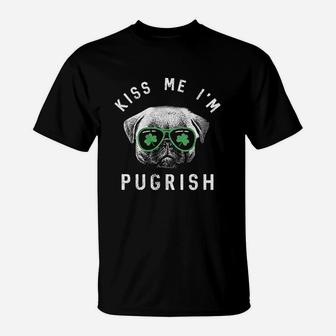Kiss Me Im Pugrish Funny Saint Patricks Day Pug Irish Clover T-Shirt - Seseable