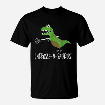 Lacrosse Lax Player Dinosaur Dino Lover Sport Gift T-Shirt - Seseable