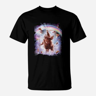Laser Eyes Space Cat Riding Sloth Llama Rainbow T-Shirt - Seseable