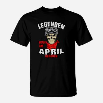 Legenden Geboren im April T-Shirt, Schwarzes Skull-Design Tee - Seseable