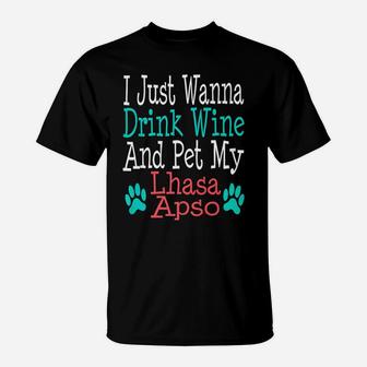 Lhasa Apso Dog Mom Dad Funny Wine Lover Gift T-Shirt - Seseable