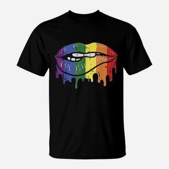 Lip Bite Gay Pride Rainbow Flag Drip Art Lgbt Lesbian Gift T-Shirt - Seseable