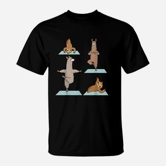 Llamas And Sloths Doing Yoga Sports Dancing Fitness Gift T-Shirt - Seseable