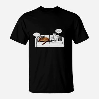 Lustiges Katzen-Couch Gespräch T-Shirt, Humorvolles Tee für Katzenfreunde - Seseable