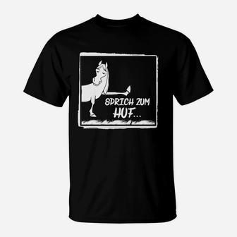 Lustiges Sprüche-T-Shirt 'Sprich zum Huf' mit Cartoon-Pferd - Schwarz - Seseable