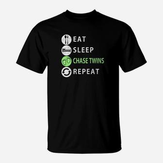 Mens Twin Dad Funny Eat Sleep Chase Twins Fathers Day Gift T-Shirt - Seseable