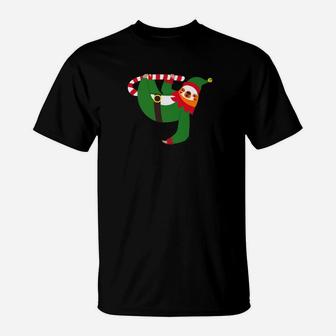 Merry Christmas Sloth Elf Candy Cane Santa Hat T-Shirt - Seseable