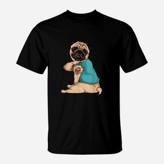 Mothers Day Gift Funny Dog Pug I Love Mom Tattoo T-Shirt - Seseable