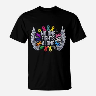 No One Fights Alone Multicolor Ribbon For Awareness T-Shirt - Seseable