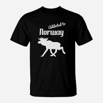 Norwegen-Liebhaber T-Shirt, Elch-Motiv & Addicted to Norway Schwarz - Seseable