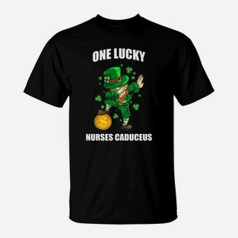 One Lucky Nurses Caduceus St Patrick Day Dabbing Leprechaun Matching Gift Job Title T-Shirt - Seseable
