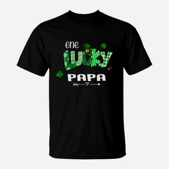 One Lucky Papa Shamrock Leopard Green Plaid St Patrick Day Family Gift T-Shirt - Seseable