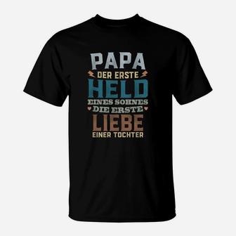 Papa Erster Held Sohn Liebe Tochter T-Shirt, Vatertag Schwarz Tee - Seseable