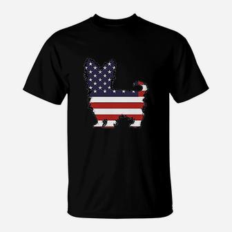 Patriotic Dog Yorkie Yorkshire Terrier America Flag Ladies T-Shirt - Seseable