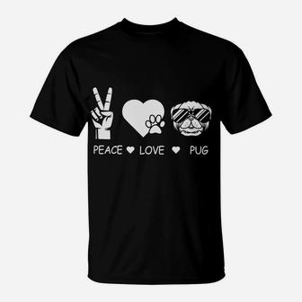 Peace Love Pug Dog Peace Sign Dog Lovers Hippie T-Shirt - Seseable