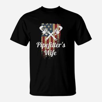 Pipefitters Wife Pride Patriotic Distressed American Flag T-Shirt - Seseable