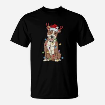 Pitbull Christmas Santa Hat Xmas Light Gift Pit Bull Dad Mom T-Shirt - Seseable