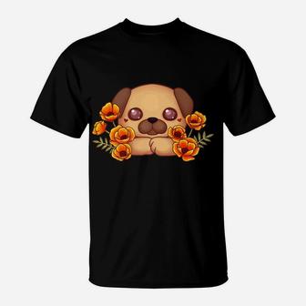 Pug Dog Puppy Floral Flower Cute Gift T-Shirt | Seseable UK