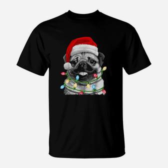 Pug Santa Christmas Tree Lights Xmas T-Shirt - Seseable