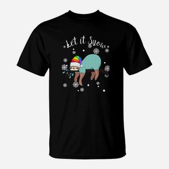 Rainbow Lgbt Santa Hat Sloth Let It Snow Christmas Tee T-Shirt - Seseable