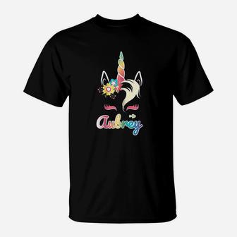 Rainbow Unicorn Aubrey Name Gift For Girls T-Shirt - Seseable