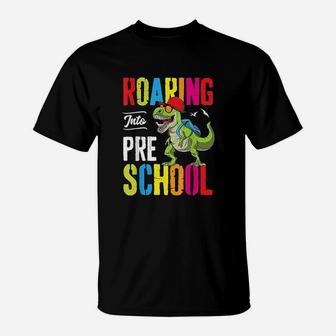 Roaring Into Preschool Dinosaur Teacher Pre K T-Shirt - Seseable