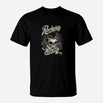 Rockabilly Never Dies Barber Skull Hipster T-Shirt - Seseable