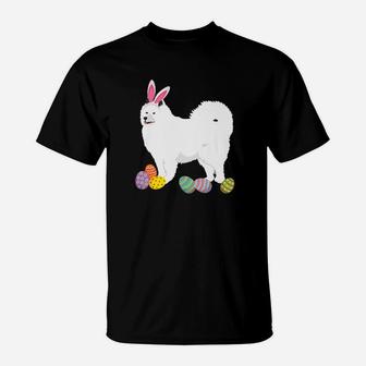 Samoyed Dog Bunny Rabbit Hat Playing Easter Eggs Happy T-Shirt - Seseable