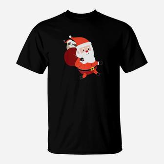 Santa Claus Carrying A Sloth Christmas Holiday Gift T-Shirt - Seseable