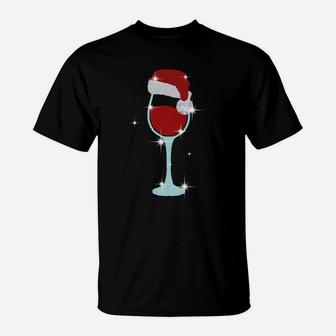 Santa Hat Red Wine Glass With Diamonds Christmas T-Shirt - Seseable