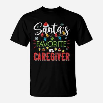 Santa's Favorite Caregiver Xmas Light Santa Hat Christmas T-Shirt - Seseable