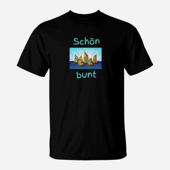 Schwarz T-Shirt Buntes Schloss-Design & 'Schön Bunt' Schriftzug - Seseable