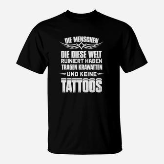 Schwarzes T-Shirt Krawatten & Tattoos Spruch, Statement-Mode für Herren - Seseable