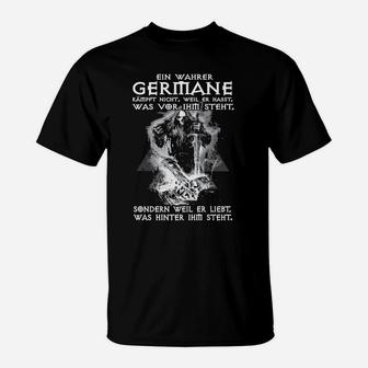 Schwarzes T-Shirt mit Germanen-Motiv, Spruch Ein wahrer Germane - Seseable